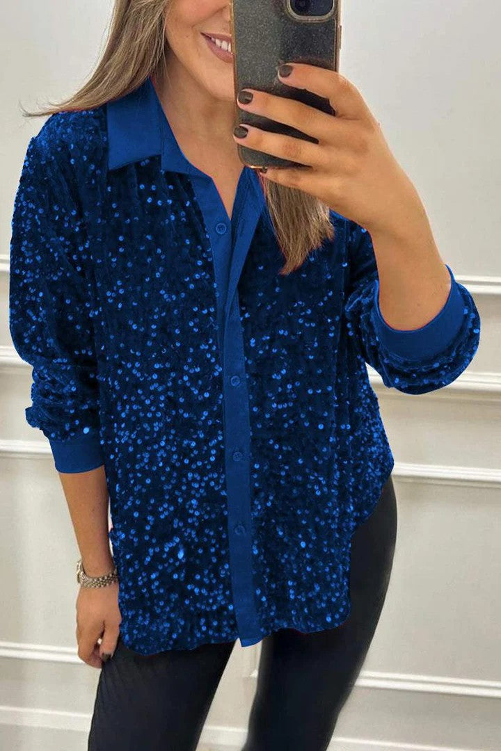 Damen Glitzernde Bluse aus Pailletten mit klassischem Kragen Amawinc