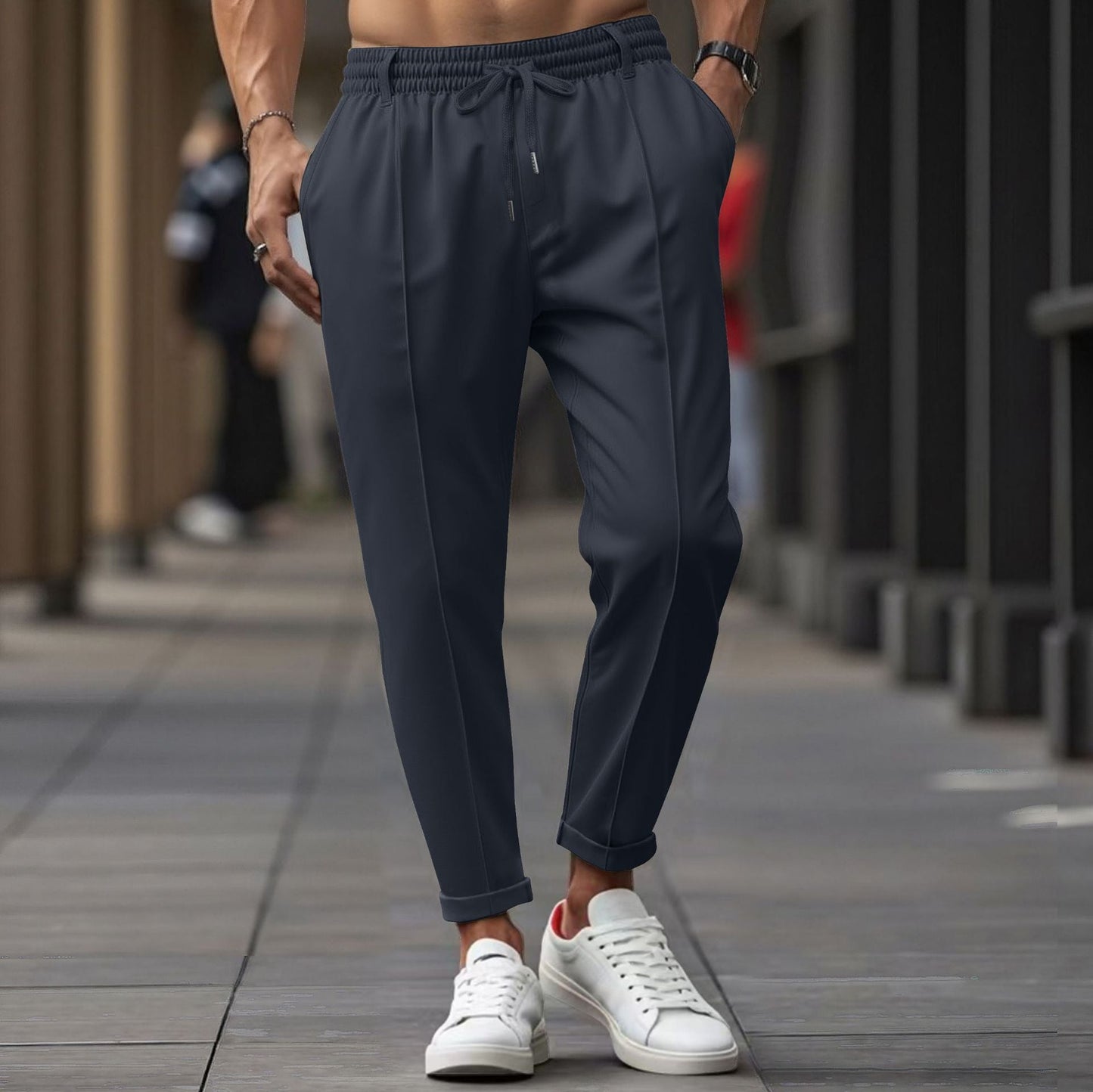 Pantalon Jogging Homme En Mélange Coton Confort Jambe Droite Taille Élastique Longueur Pour Entraînement Et Détente
