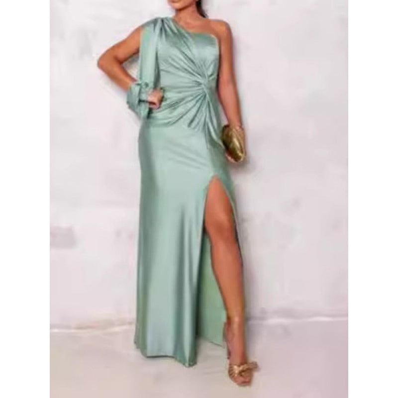 Robe À Une Épaule Pour Femme Maxi En Satin Élégante Coupe Slim Avec Fente Haute Pour Soirée