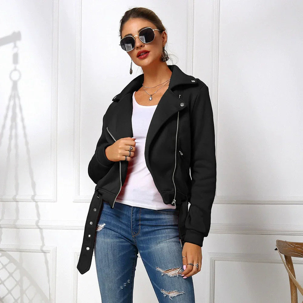 Veste Courte Femme Coupe Slim en Mélange Coton Fermeture Éclair Asymétrique et Ourlet Ceinturé