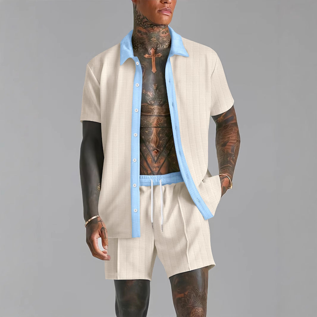 Ensemble Chemise Et Short Homme En Coton Mélangé Coupe Décontractée Fermeture À Boutons Taille Élastique
