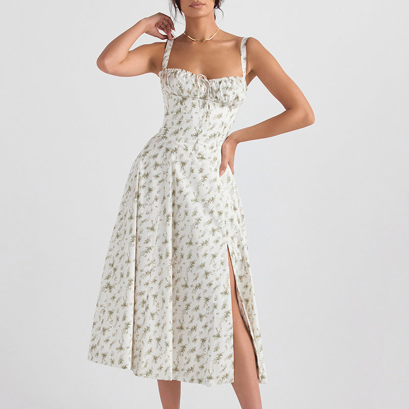 Robe Midi Sans Manches Effet Wrap Avec Fente Élevée Imprimé Floral Léger Pour L'Été Confortable