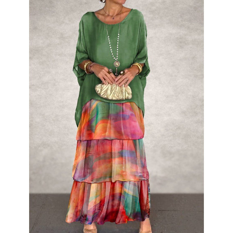 Elegantes langes Damenkleid mit Rundhalsausschnitt und Fledermausärmeln von Fudus