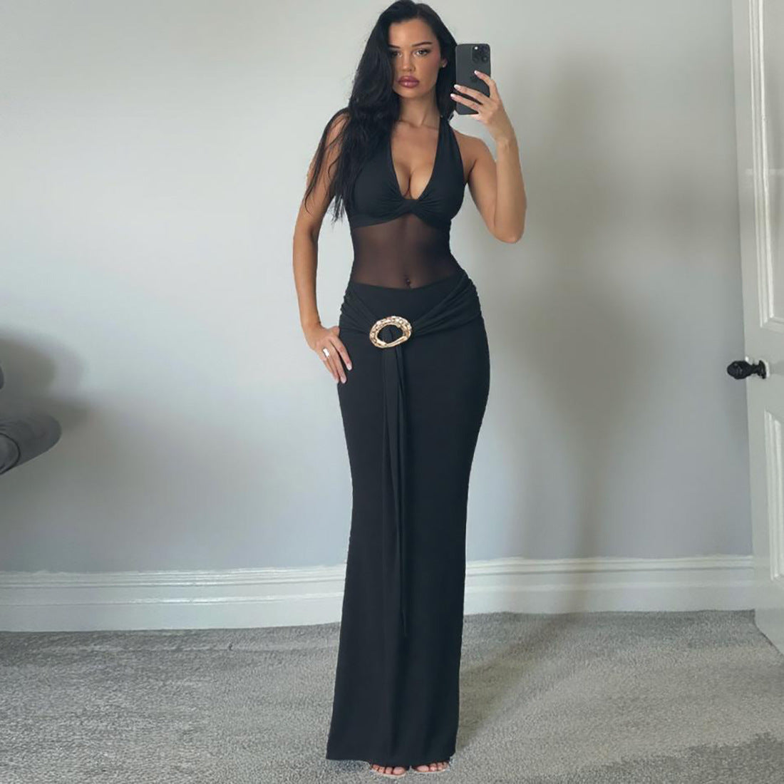 Damen Maxi-Überwurfkleid mit transparentem Material und eleganter Gürtelschnalle Amawinc