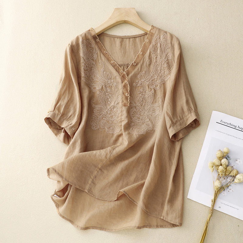 Chemise Femme À Manches Courtes Coupe Ample Col V Broderie Respirante Nordisk Flairs
