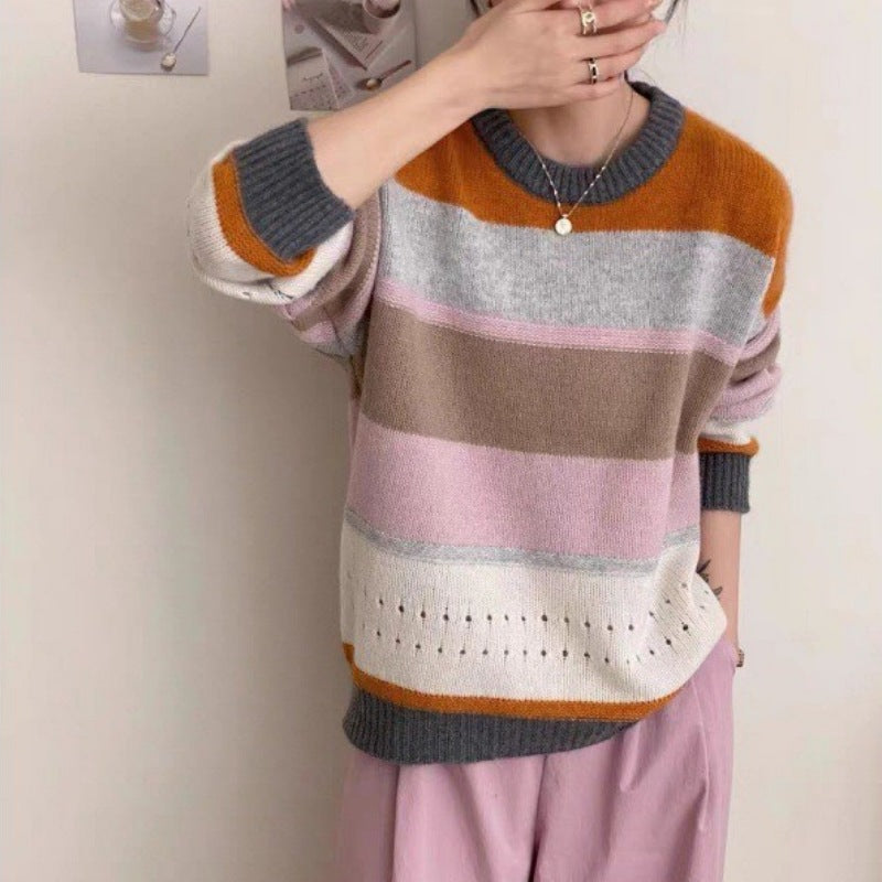 Damen Grob gestrickter Pullover mit lässigen Streifen Amawinc