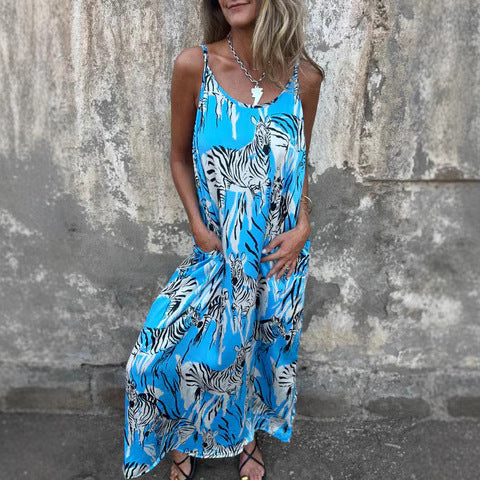 Robe Maxi Femme Décontractée Bretelles Ajustables Coton Respirant Poches Amawinc Été