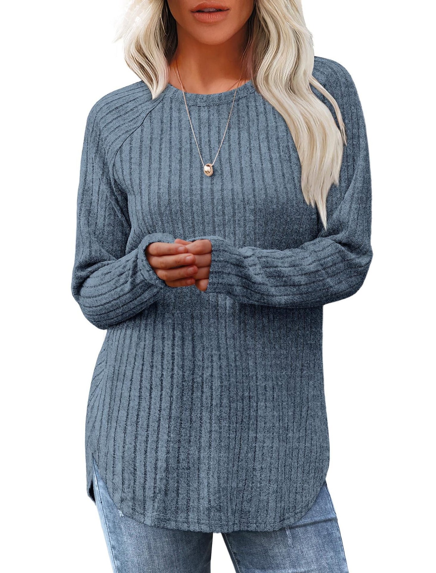 Damen weicher und lässiger Strickpullover mit Rippenmuster Amawinc