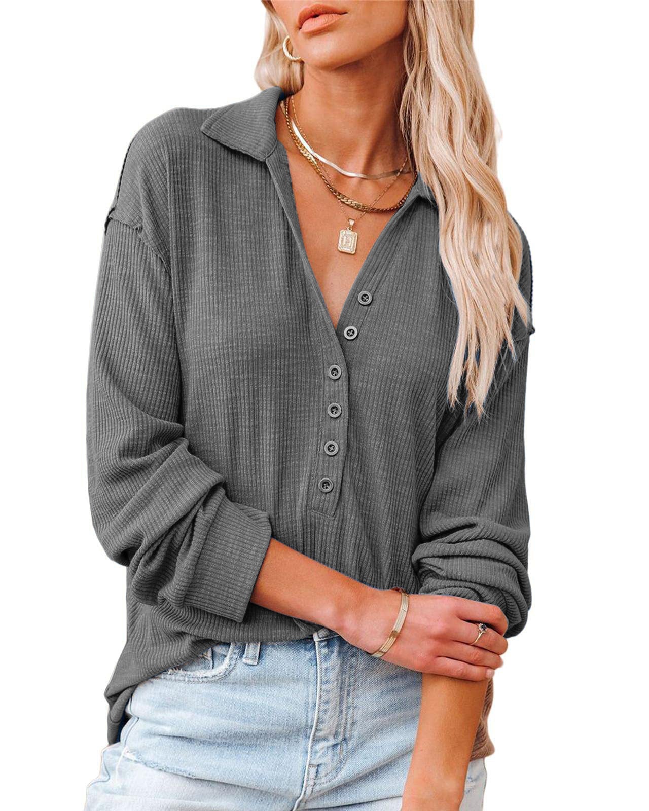 Damen lässiges Langarmhemd mit Knopfleiste und strukturiertem Muster Amawinc