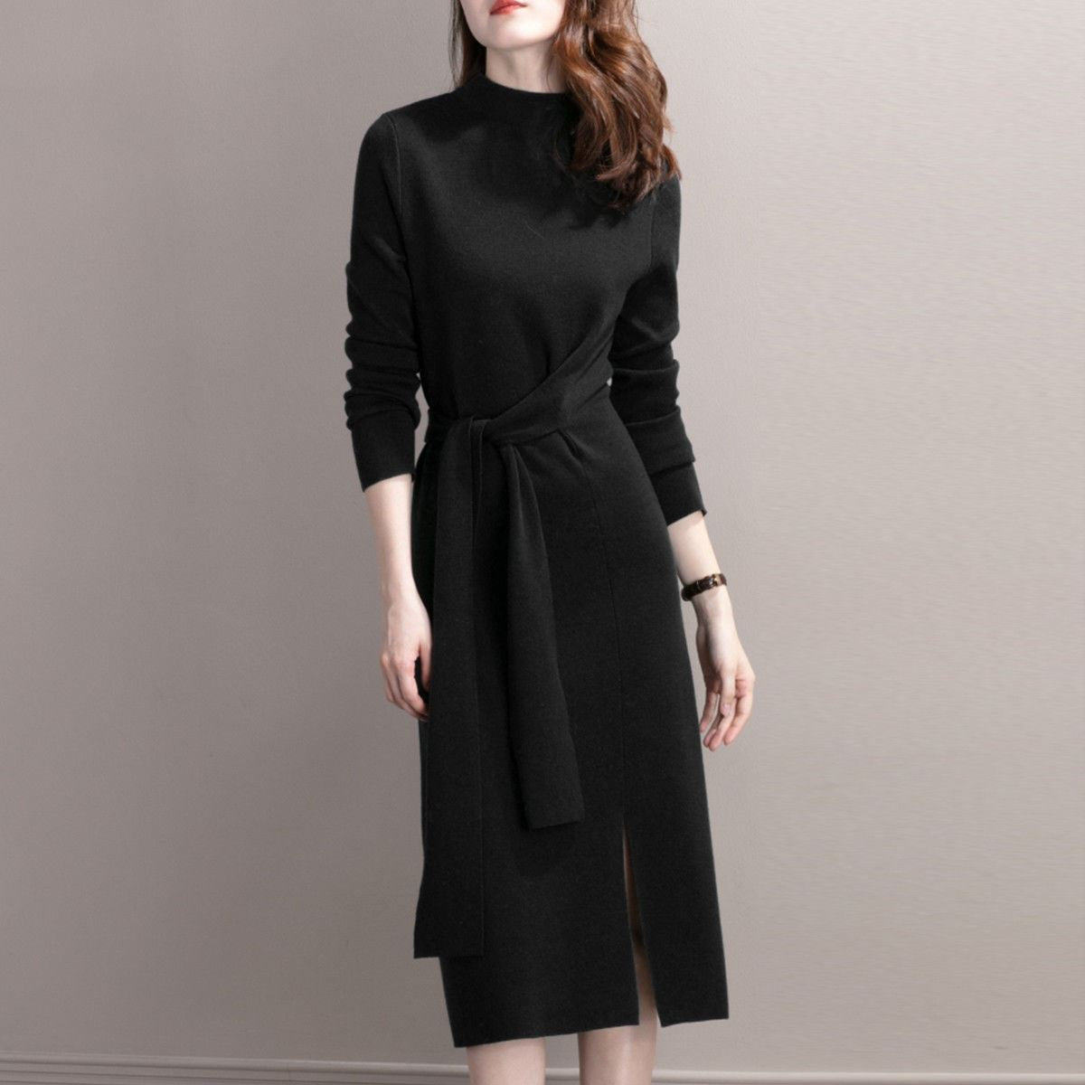 Damen Elegantes Strickkleid mit seitlichem Schlitz und tailliertem Gürtel Amawinc