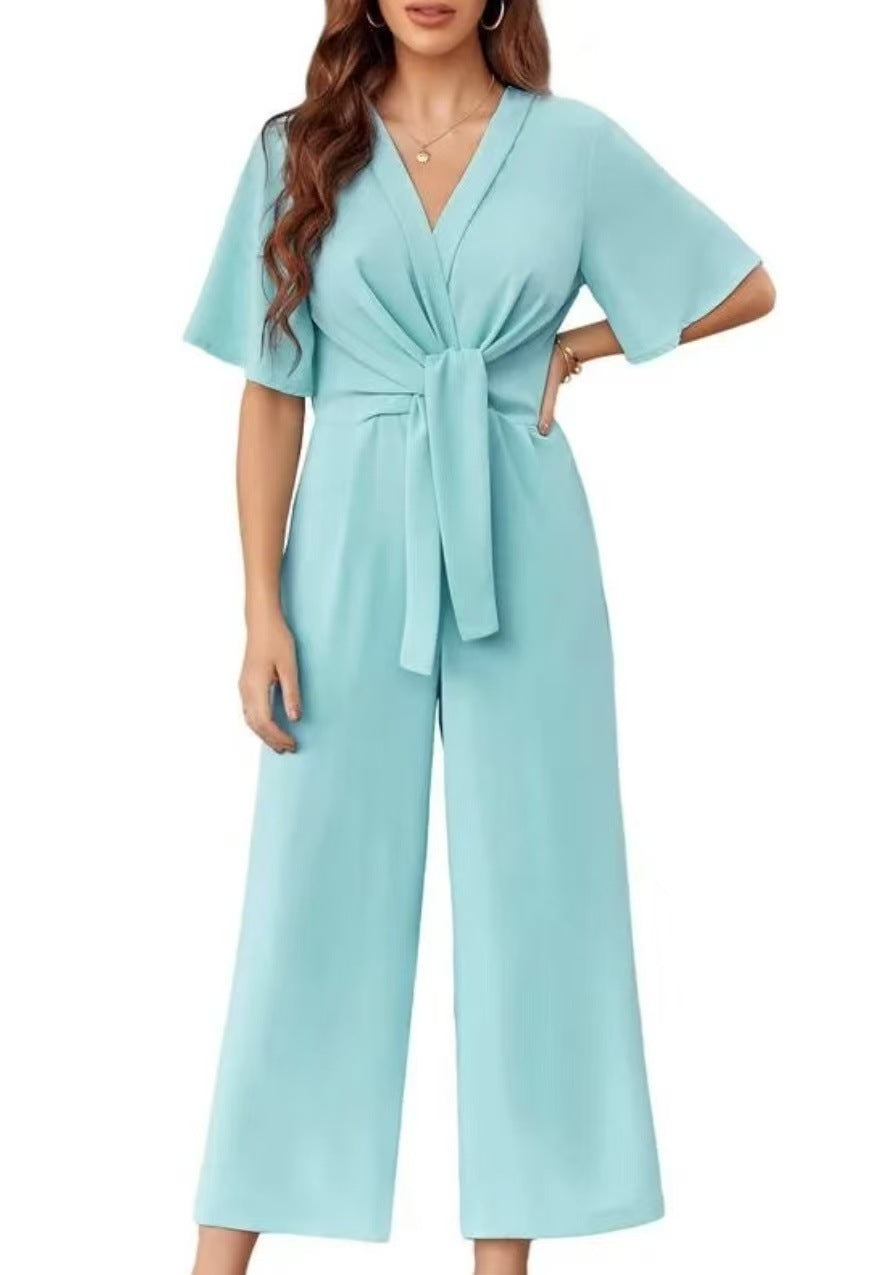 Damen eleganter Wickel-Jumpsuit mit weiten Beinen und Taillengürtel Amawinc