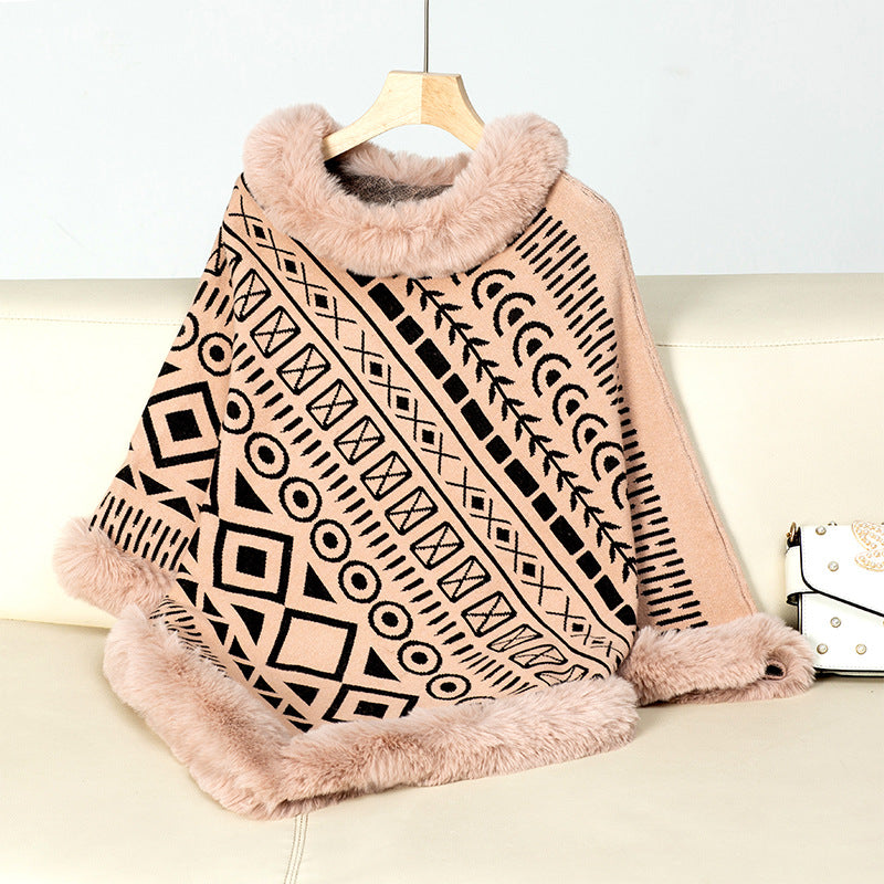 Damen modischer Poncho mit dekorativem Kunstfellkragen Amawinc