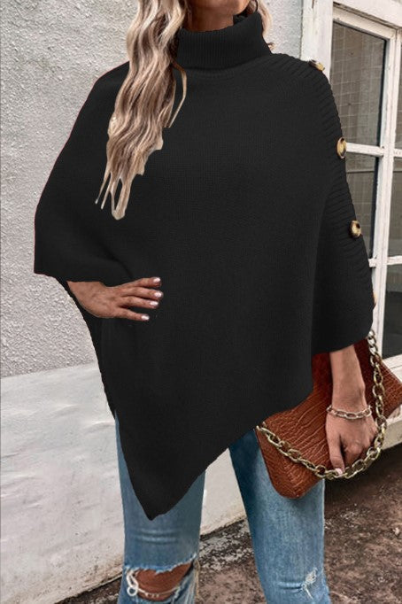 Damen Strick-Poncho mit hohem Kragen und Knopfdetails Amawinc