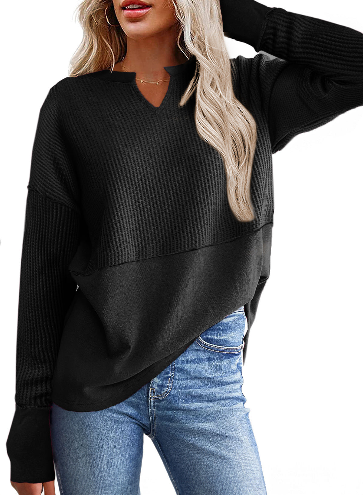 Damen lässiger Knit-Pullover mit V-Ausschnitt und Struktur Amawinc