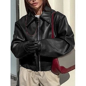 Damen Kunstlederjacke mit Oversized-Schnitt und klassischem Kragen Amawinc