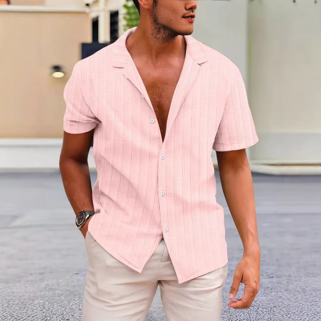 Chemise Homme Amawinc Manches Courtes Coton Lin Mélangé Fermeture À Boutons Coupe Classique