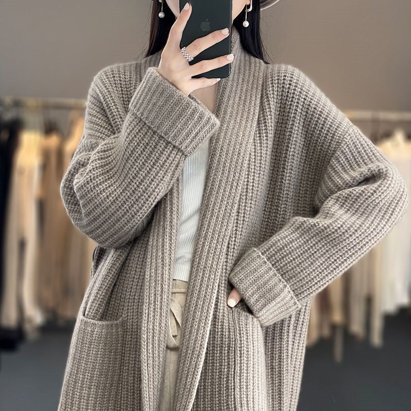 Amawinc Cardigan Femme Oversize en Maille Mélange Laine Chaude Encolure V Ouverte Manche Longue