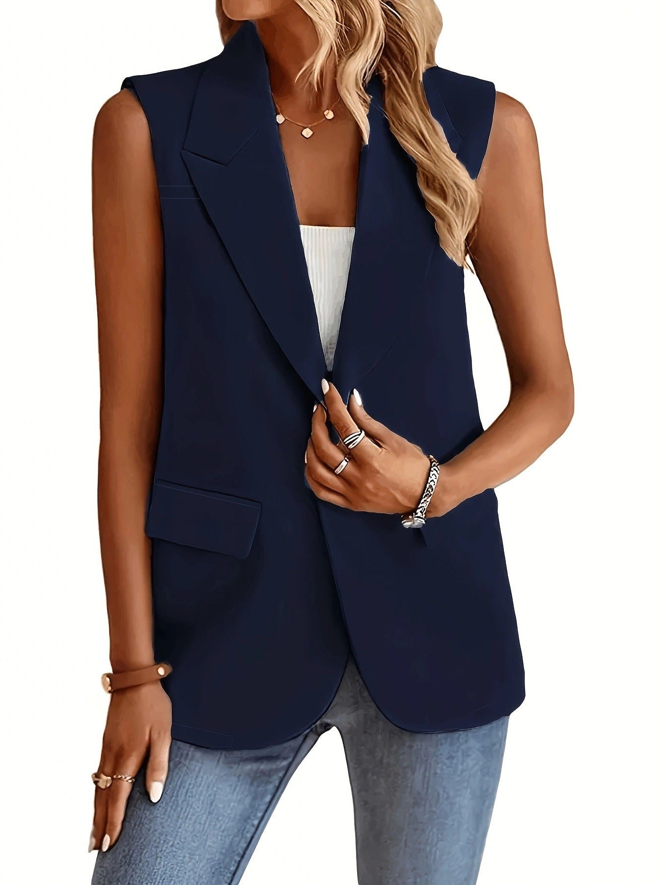 Gilet Blazer Pour Femmes À Coupe Ajustée Sans Manches Avec Revers À Encoches Bouton Unique Et Poches