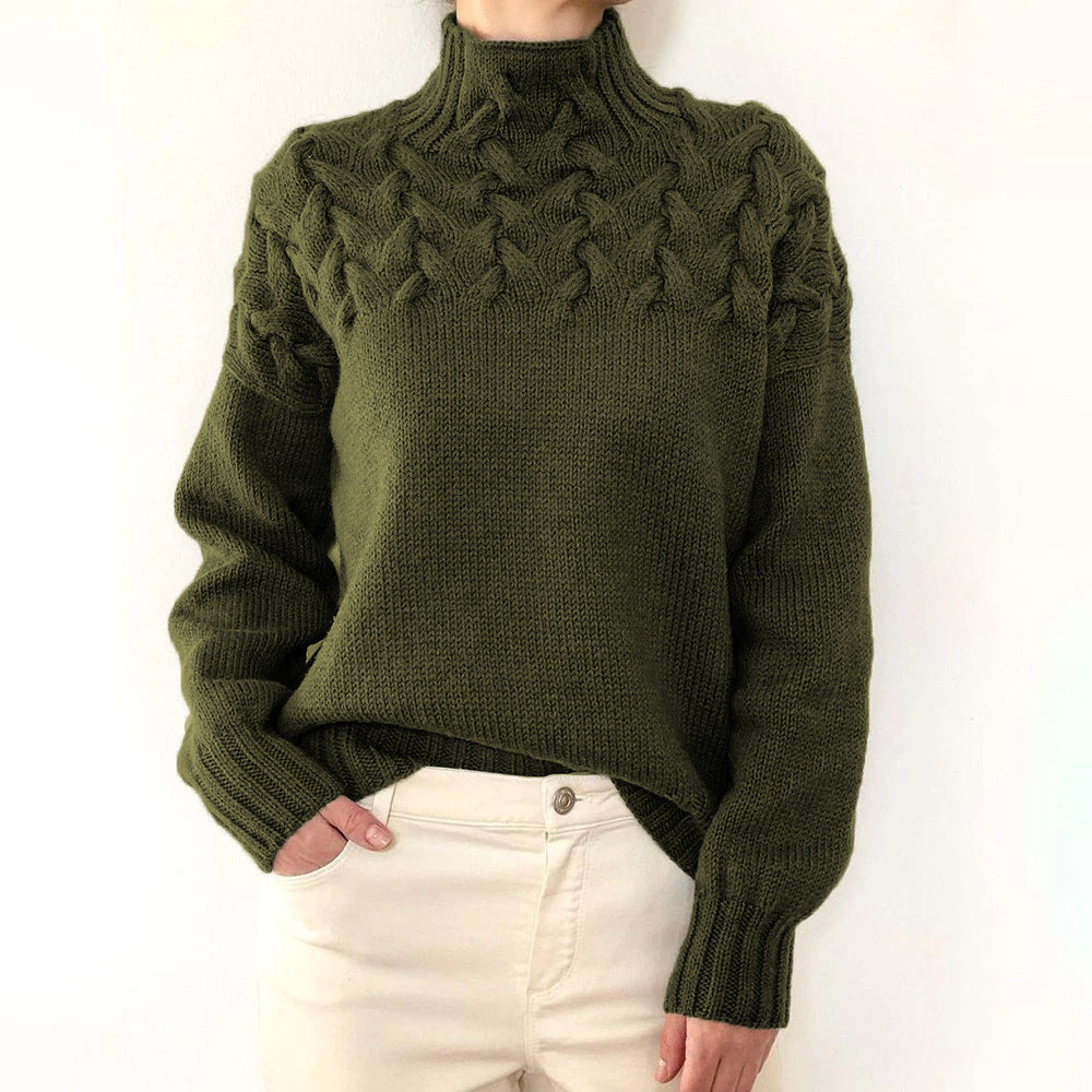 Damen Strickpullover mit hochgeschlossenem Kragen und trendigem Zopfmuster Amawinc