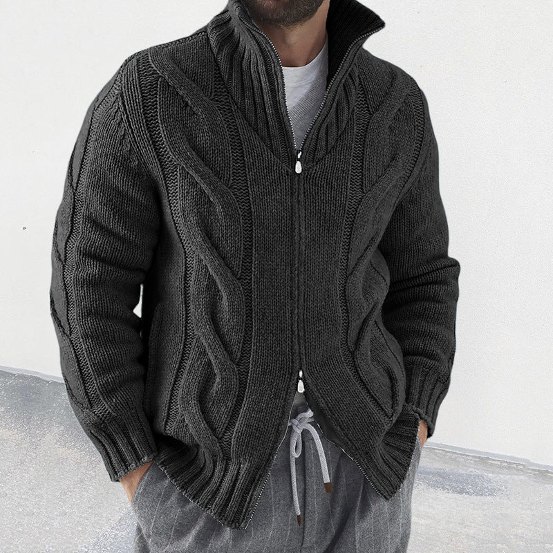 Cardigan Homme en Mélange de Laine avec Manches Tricot Cable Zip Col Haut Coupe Décontractée Gris