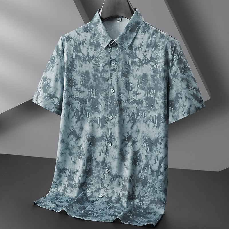 Chemise Décontractée À Manches Courtes En Ice Silk Avec Motif Abstrait Bleu Vert Respirant Et Lavable En Machine