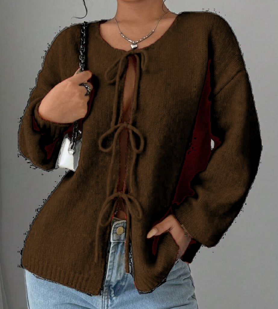 Damen Oversized Strickpullover mit dekorativem Schnürdetail Amawinc