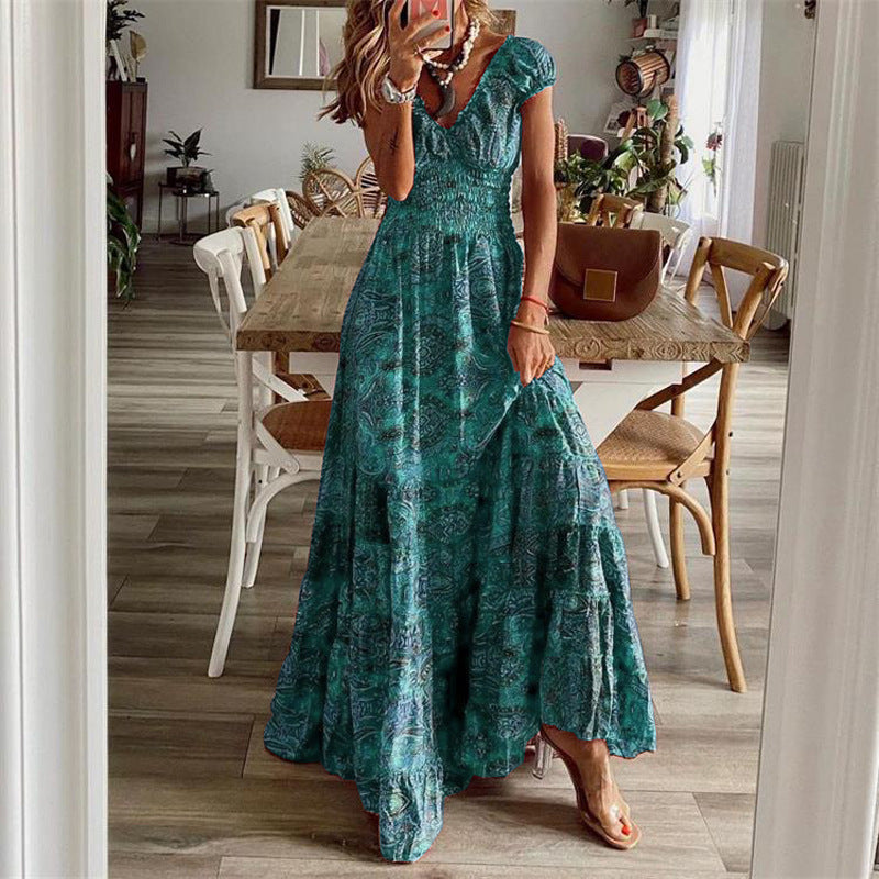 Robe Maxi Femme Col En V Buste Smocké Jupe À Étages Coton Respirant Amawinc Confortable Légère