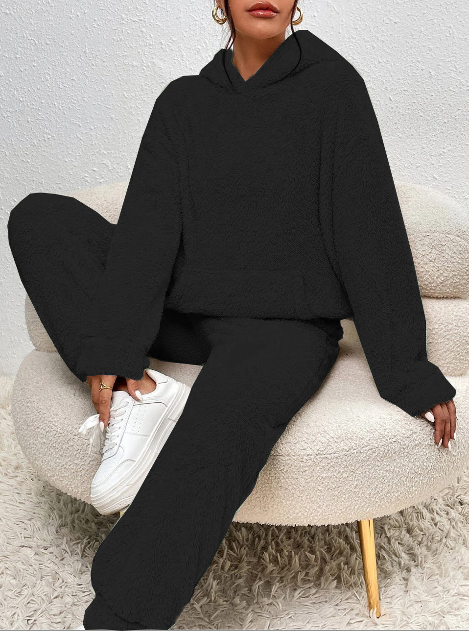 Ensemble Décontracté Femme Deux Pièces En Polaire Avec Sweat À Capuche Et Poche Kangourou Pantalon Large