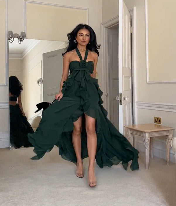 Damen Maxi-Brautkleid mit voluminösem Rüschendesign und elegantem Halterneck Amawinc