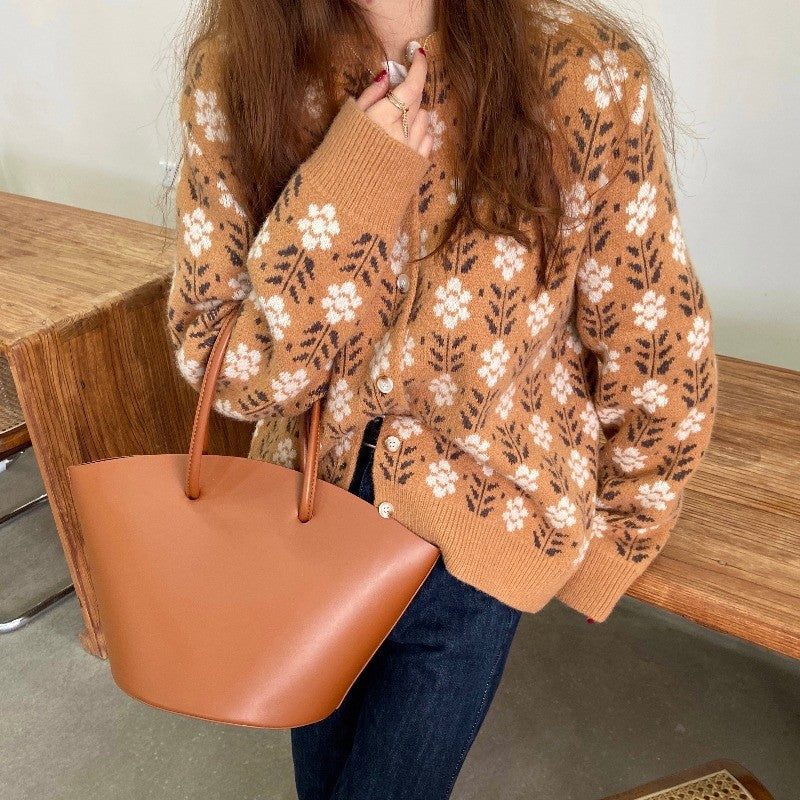 Damen Strickjacke mit floralen Muster und Knöpfen Amawinc