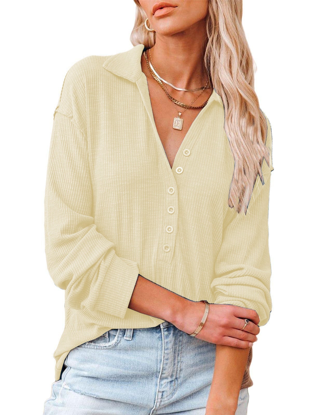 Damen lässiges Langarmhemd mit Knopfleiste und strukturiertem Muster Amawinc