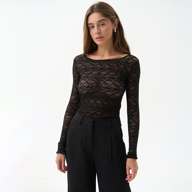 Top Femme En Dentelle À Manches Longues Transparente Élégant Design Pour Toutes Occasions