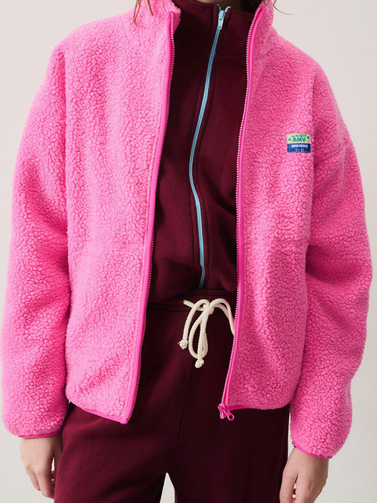 Damen Plüschjacke mit hohem Kragen und seitlichen Taschen Amawinc