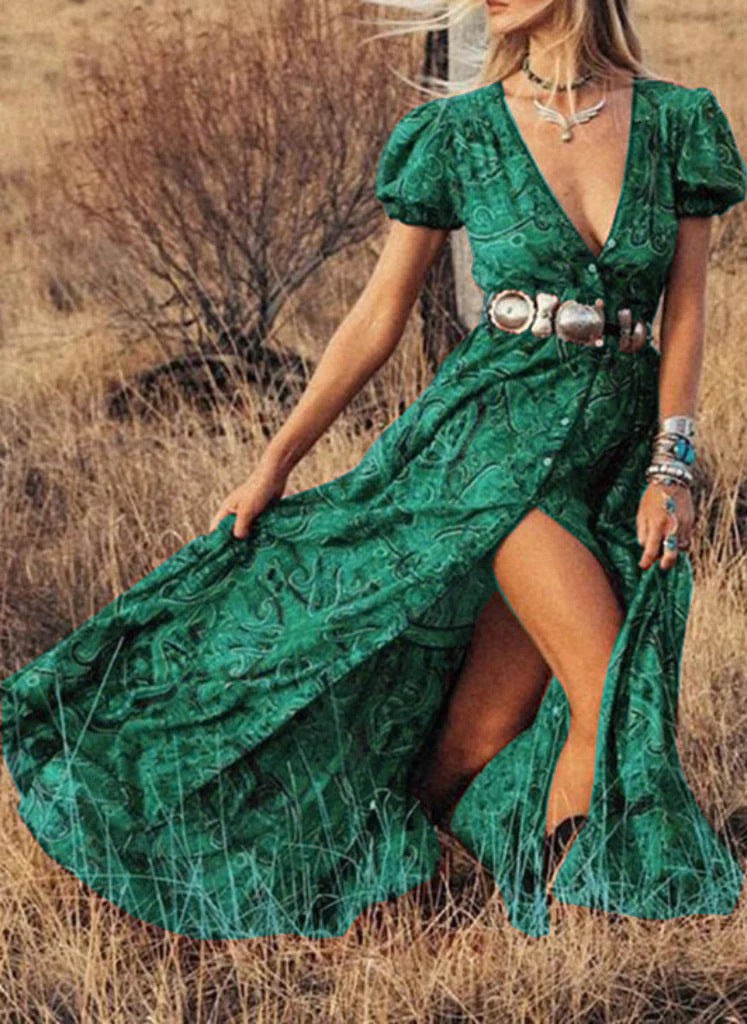 Robe Maxi Femme Cintrée À Taille Ajustée Manches Bouffantes Avec Fente Avant Bouton Détail Amawinc