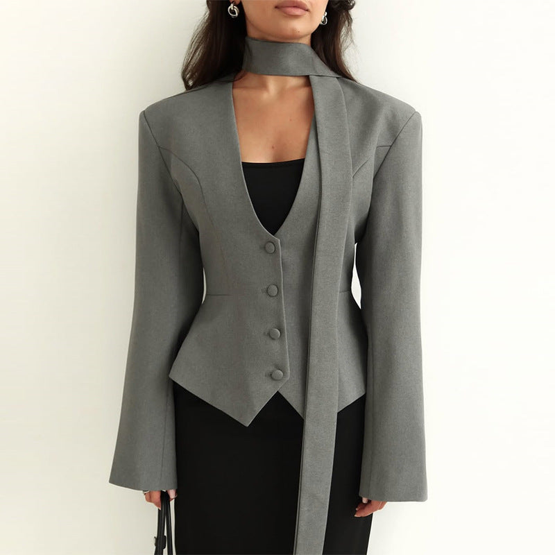 Damen Blazer mit hochgeschlossenem Kragen und voluminösen Ärmeln Amawinc