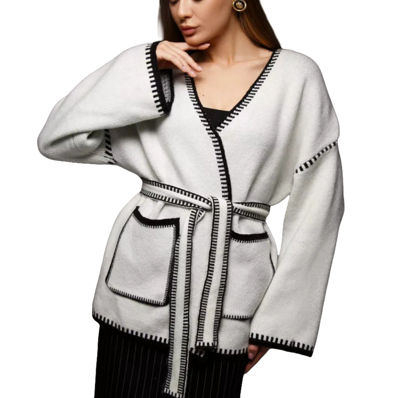 Damen Strickjacke mit großem Revers und praktischen Taschen Amawinc