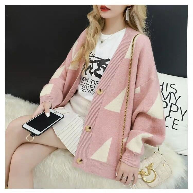 Damen lässige Strickjacke mit großflächigem Muster und praktischen Knopfdetails Amawinc