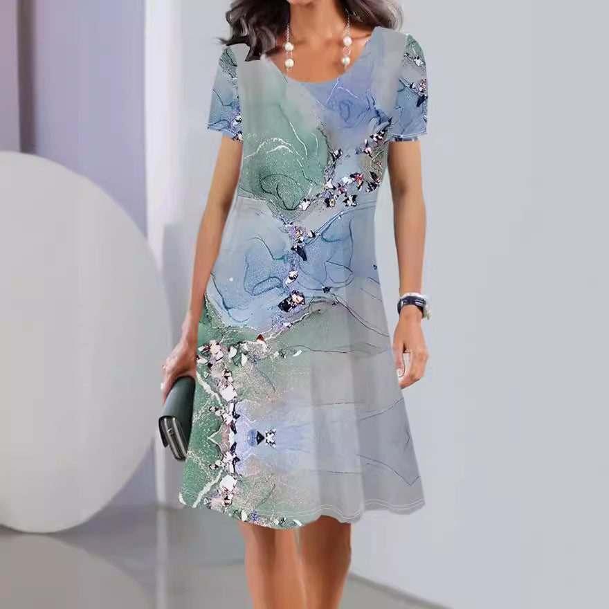 Robe A Line Femme Imprimé Fleuri Manche Courte Tissu Coton Confortable Longueur Genou Idéale Été Décontractée