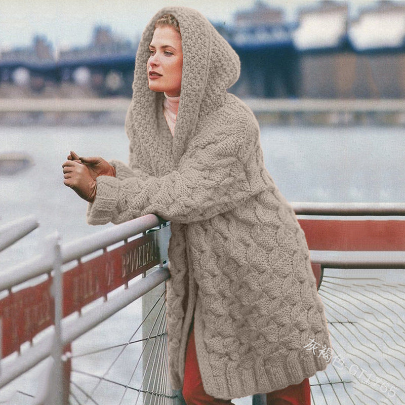 Damen oversized Grobstrickmantel mit Kapuze Amawinc