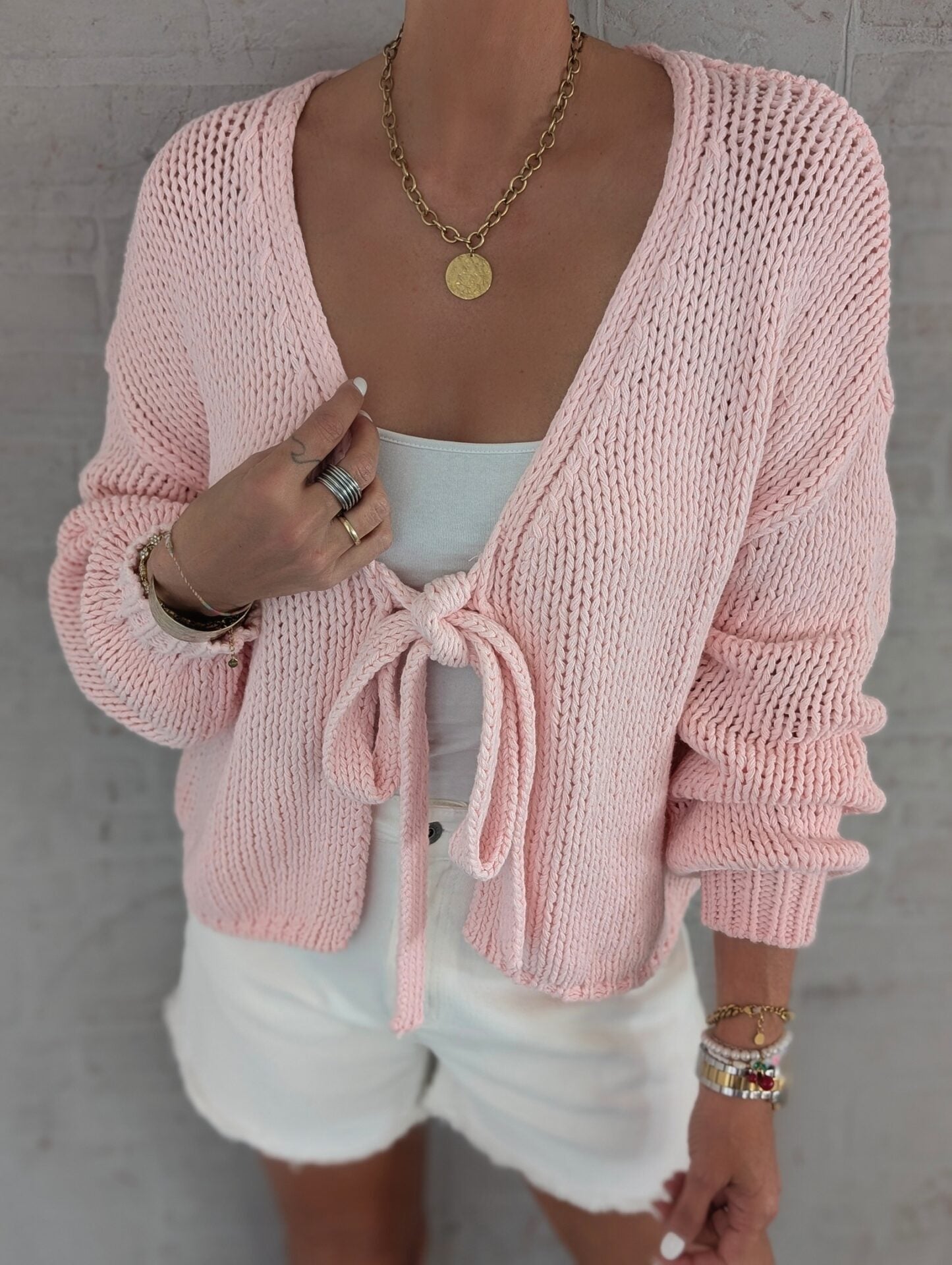 Damen lässige Strickjacke mit Bindeverschluss und weiten Ärmeln Amawinc