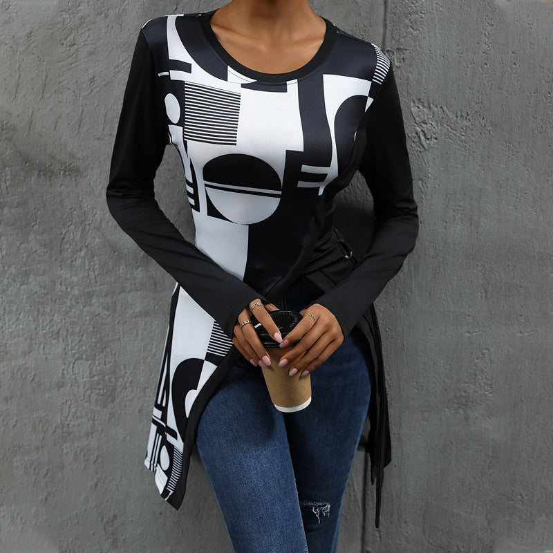 Damen Langarmshirt mit grafischem Muster und asymmetrischem Saum Amawinc