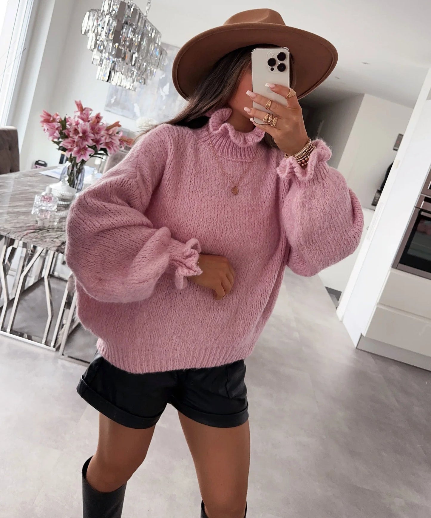 Damen kuscheliger Rollkragenpullover mit weiten Ärmeln und strukturellem Design Amawinc