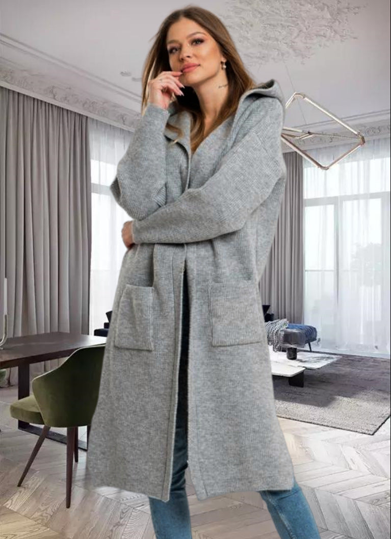 Damen Strickmantel mit Kapuze und großen Taschen Amawinc