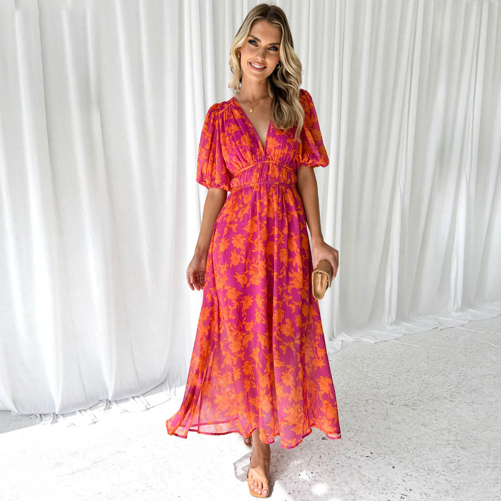 Robe Maxi Femme Amawinc Ligne A Col V Manches Bouffantes Pour Printemps Été Confort Respirant