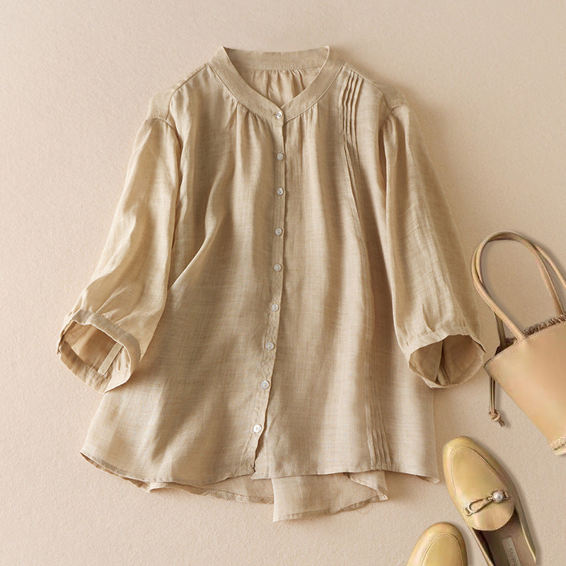Chemise Femme Coupe Décontractée Fibres Naturelles Col Montant Détail Plissé Pour Toutes Occasions