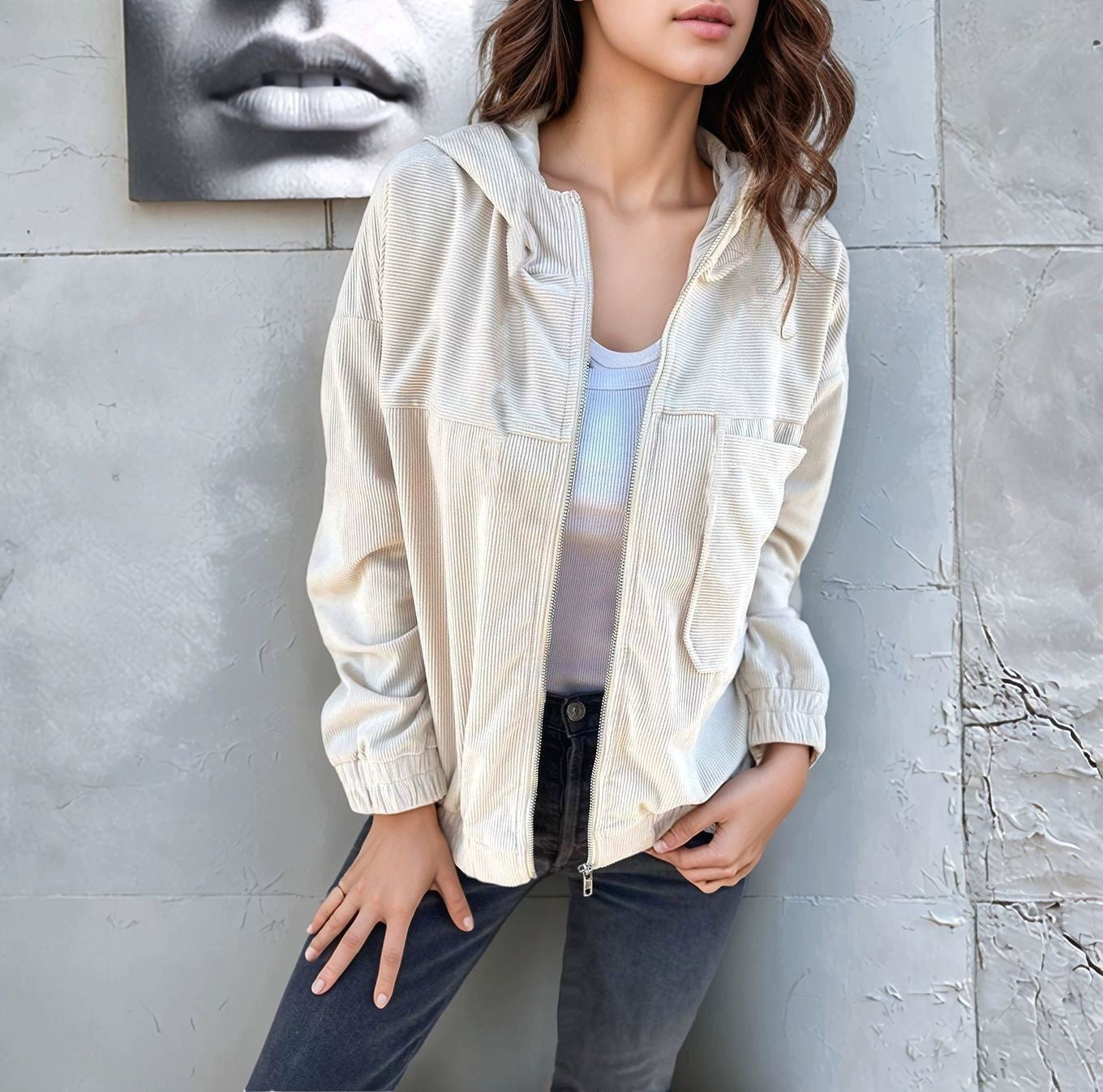 Damen lässige Cordjacke im modernen Stil mit Reißverschluss und praktischem Kragen Amawinc