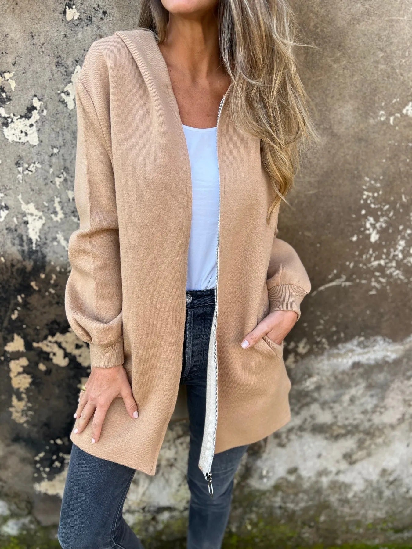 Veste À Capuche Pour Femmes En Mélange Coton Coupe Décontractée Zip Avant Avec Poches