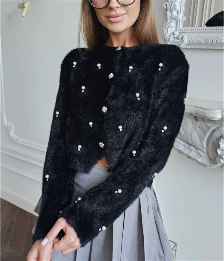 Damen Flauschige Strickjacke mit Schmuckknöpfen und elegantem Schnitt Amawinc