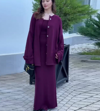 Damen Strickanzug mit elegantem Blazer und ärmellosem Maxikleid Amawinc