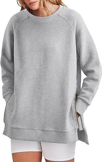 Damen lässiger Sweatshirt mit Seitentaschen und Reißverschluss Amawinc